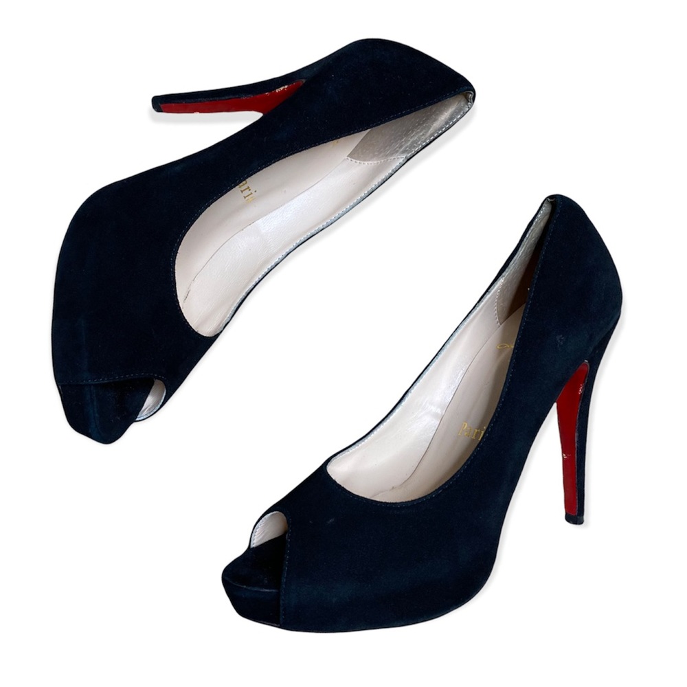 Christian Louboutin Black Suede Peep Toe Pumps Filo 120 Size 40 Euro Authentic